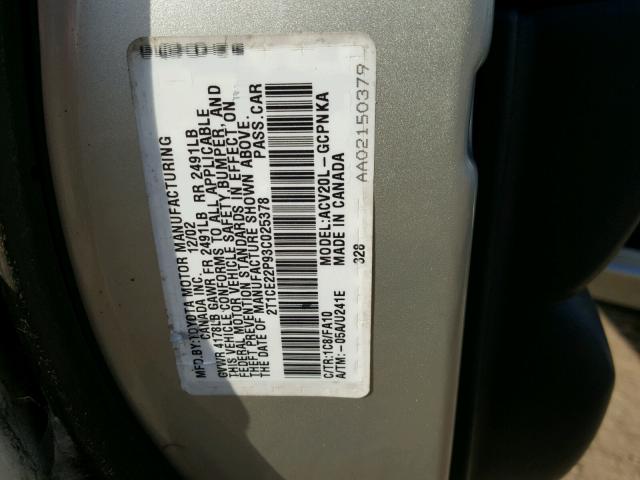 2T1CE22P93C025378 - 2003 TOYOTA CAMRY SOLA SILVER photo 10