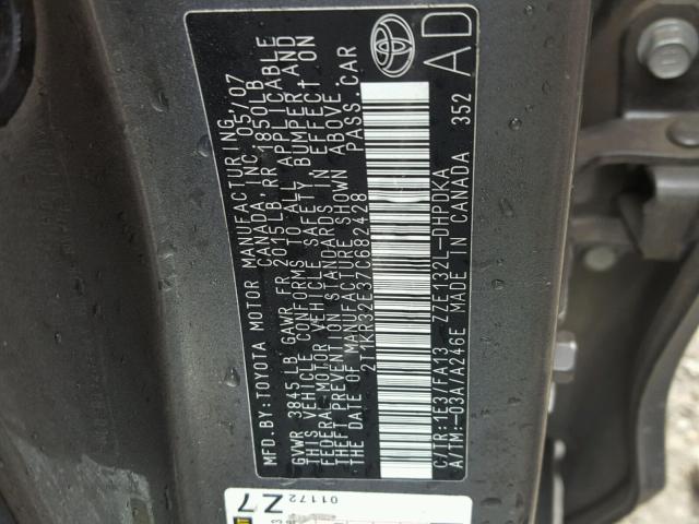 2T1KR32E37C682428 - 2007 TOYOTA COROLLA MA GRAY photo 10