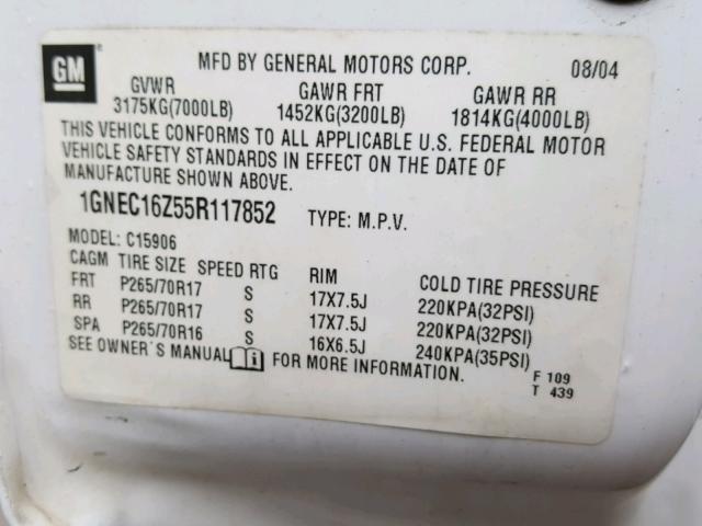 1GNEC16Z55R117852 - 2005 CHEVROLET SUBURBAN C WHITE photo 10