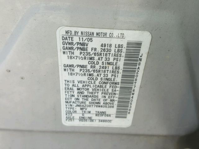 JN8AZ08T76W405386 - 2006 NISSAN MURANO SL GRAY photo 10