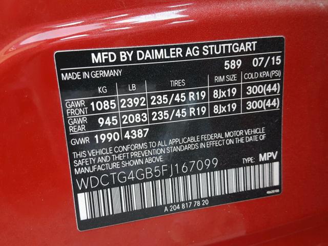 WDCTG4GB5FJ167099 - 2015 MERCEDES-BENZ GLA 250 4M RED photo 10