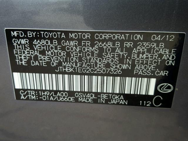 JTHBK1EG2C2507326 - 2012 LEXUS ES 350 GRAY photo 10