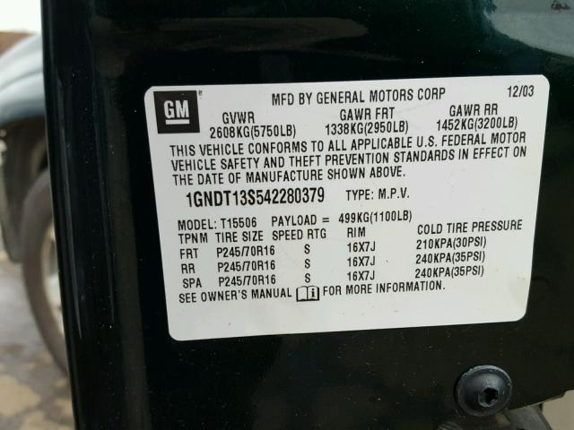 1GNDT13S542280379 - 2004 CHEVROLET TRAILBLAZE GREEN photo 10