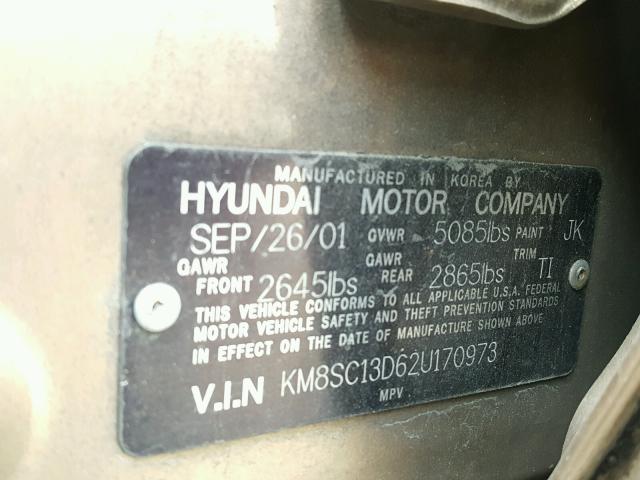 KM8SC13D62U170973 - 2002 HYUNDAI SANTA FE G GOLD photo 10