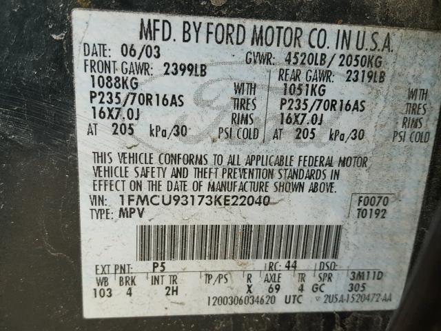 1FMCU93173KE22040 - 2003 FORD ESCAPE XLT GREEN photo 10