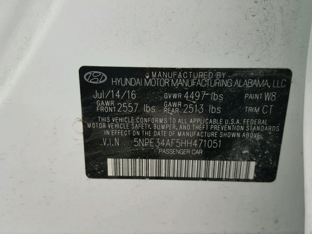 5NPE34AF5HH471051 - 2017 HYUNDAI SONATA SPO WHITE photo 10