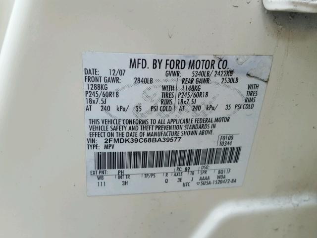 2FMDK39C68BA39577 - 2008 FORD EDGE LIMIT WHITE photo 10