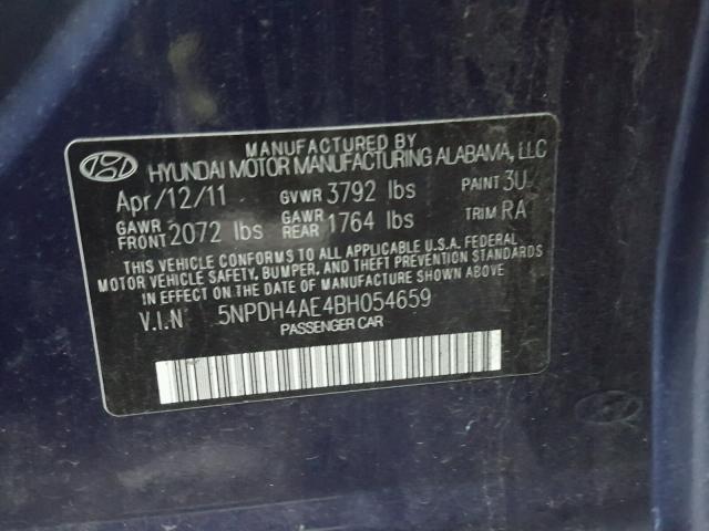 5NPDH4AE4BH054659 - 2011 HYUNDAI ELANTRA GL BLUE photo 10