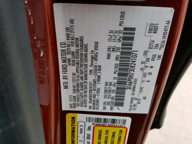 3FA6P0H73ER241071 - 2014 FORD FUSION SE RED photo 10