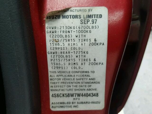 4S6CK58W7W4404348 - 1998 HONDA PASSPORT E 红色 照片 10