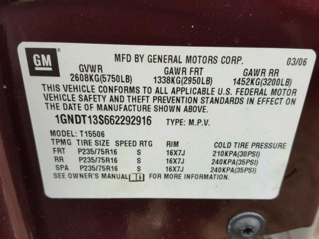 1GNDT13S662292916 - 2006 CHEVROLET TRAILBLAZE MAROON photo 10