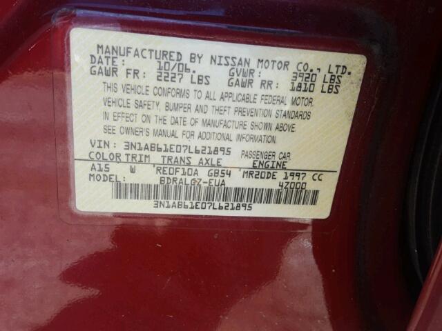 3N1AB61E07L621895 - 2007 NISSAN SENTRA 2.0 RED photo 10