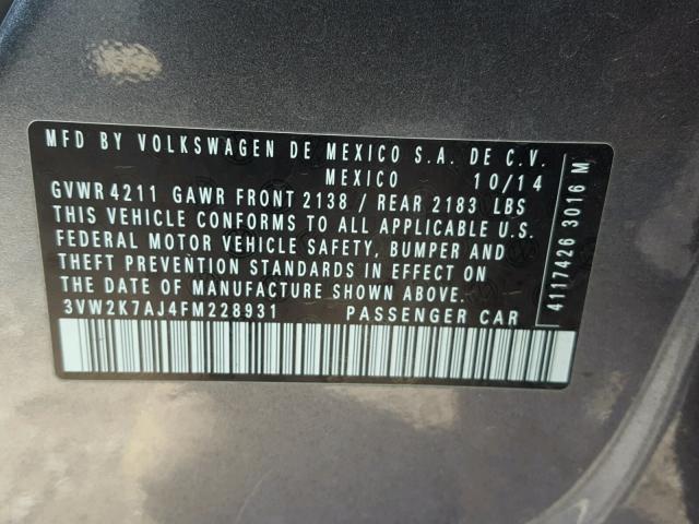 3VW2K7AJ4FM228931 - 2015 VOLKSWAGEN JETTA BASE 灰色 照片 10