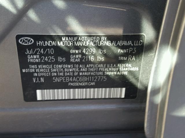 5NPEB4AC6BH112775 - 2011 HYUNDAI SONATA GLS GRAY photo 10