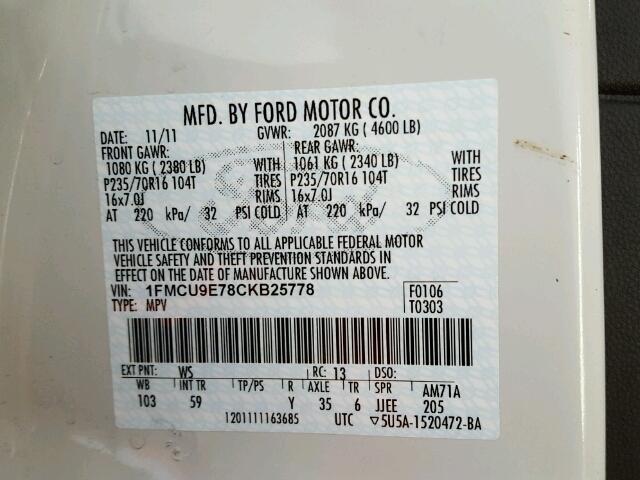 1FMCU9E78CKB25778 - 2012 FORD ESCAPE LIM WHITE photo 10