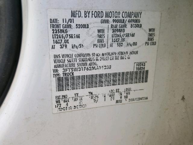 3FTSW31F62MA15338 - 2002 FORD F350 SRW S WHITE photo 10