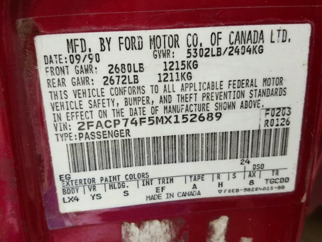 2FACP74F5MX152689 - 1991 FORD CROWN VICT RED photo 10