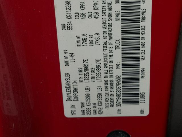 3D7MS48C85G764592 - 2005 DODGE RAM 3500 S RED photo 10