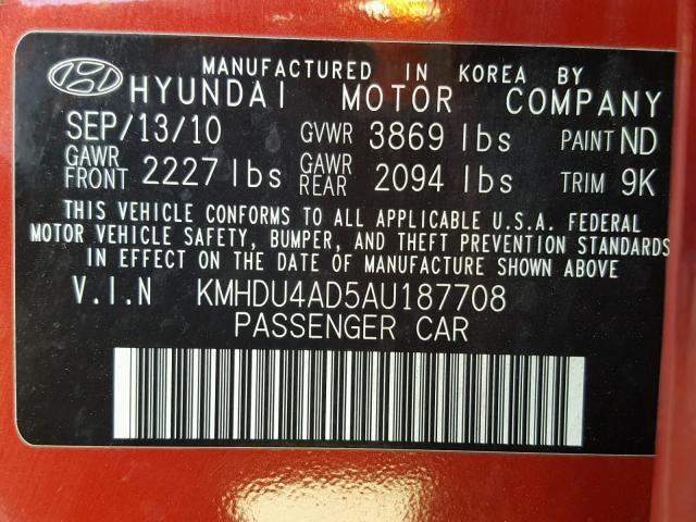 KMHDU4AD5AU187708 - 2010 HYUNDAI ELANTRA BL RED photo 10