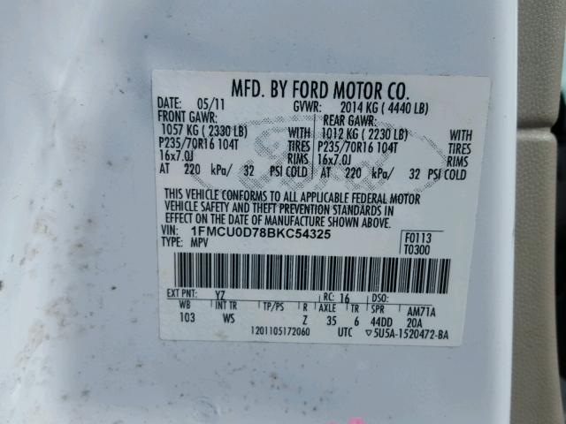 1FMCU0D78BKC54325 - 2011 FORD ESCAPE XLT WHITE photo 10