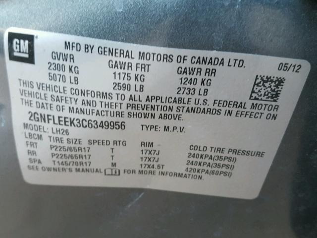 2GNFLEEK3C6349956 - 2012 CHEVROLET EQUINOX LT GRAY photo 10