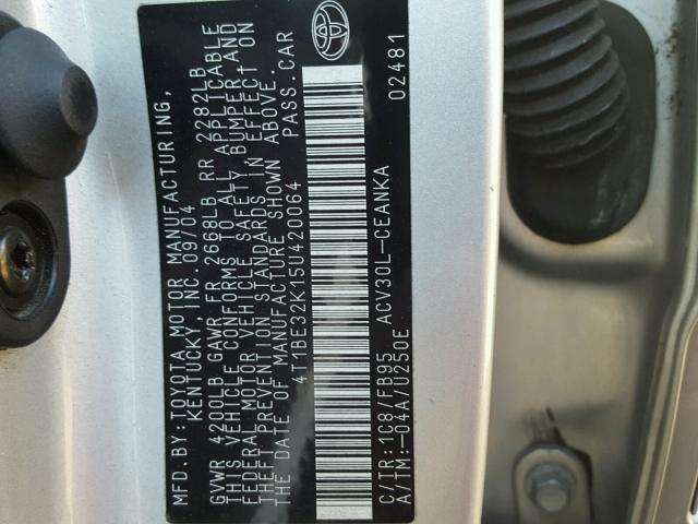 4T1BE32K15U420064 - 2005 TOYOTA CAMRY LE SILVER photo 10