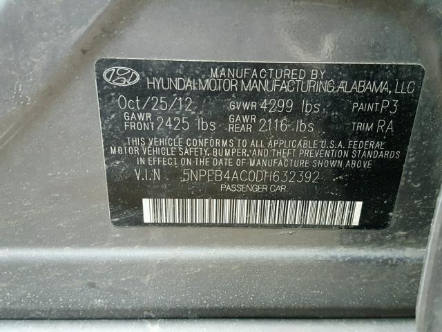 5NPEB4AC0DH632392 - 2013 HYUNDAI SONATA GLS GRAY photo 10