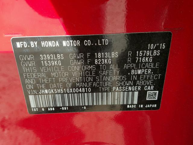JHMGK5H51GX004810 - 2016 HONDA FIT LX أحمر صورة 10