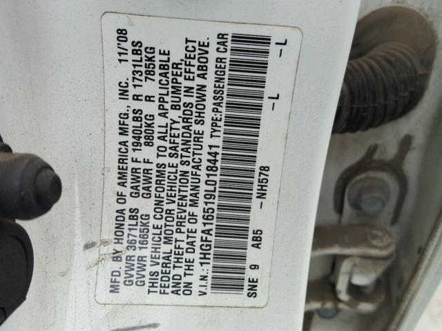 1HGFA16519L018441 - 2009 HONDA CIVIC LX WHITE photo 10