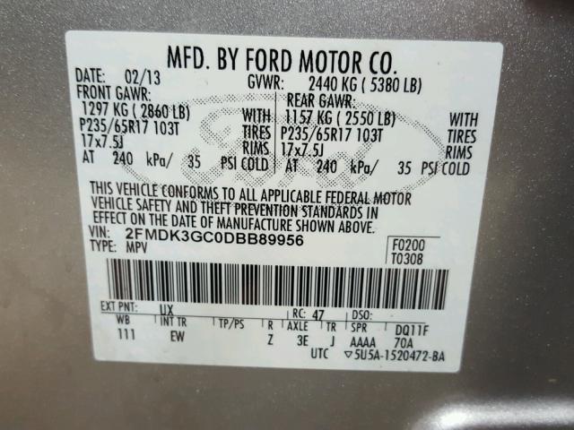 2FMDK3GC0DBB89956 - 2013 FORD EDGE SE SILVER photo 10