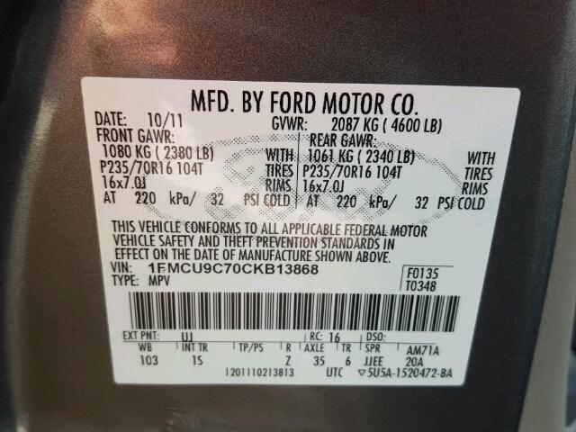 1FMCU9C70CKB13868 - 2012 FORD ESCAPE XLS GRAY photo 10