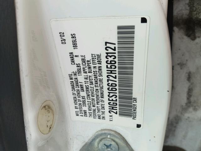 2HGES16672H563127 - 2002 HONDA CIVIC LX WHITE photo 10