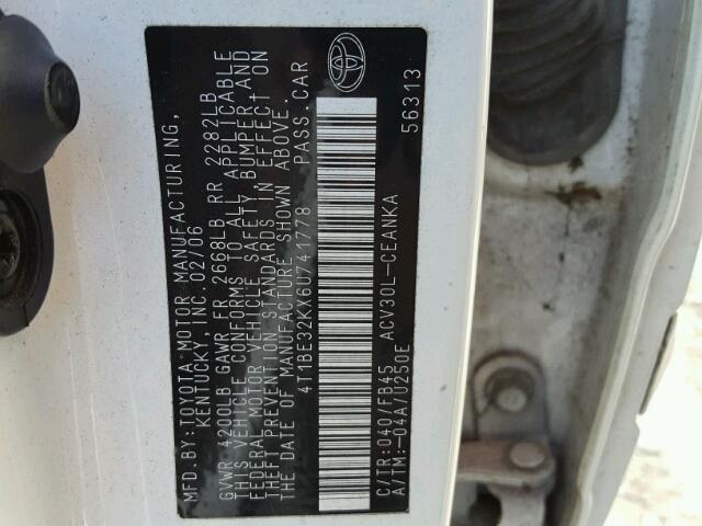 4T1BE32KX6U741778 - 2006 TOYOTA CAMRY LE WHITE photo 10