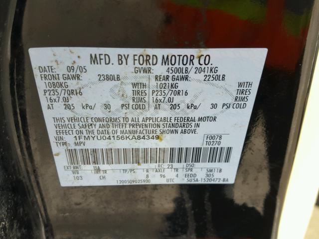 1FMYU04156KA84349 - 2006 FORD ESCAPE LIM BLACK photo 10