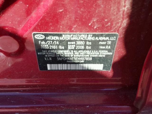 5NPDH4AE5EH497858 - 2014 HYUNDAI ELANTRA SE RED photo 10