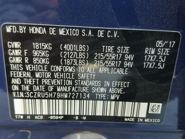 3CZRU5H79HM727134 - 2017 HONDA HR-V EXL BLUE photo 10