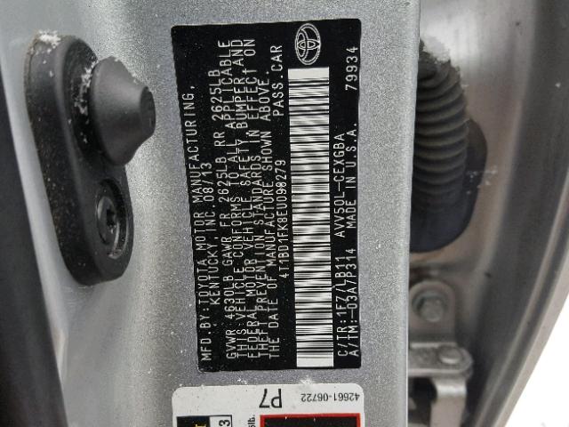 4T1BD1FK8EU098279 - 2014 TOYOTA CAMRY HYBR SILVER photo 10