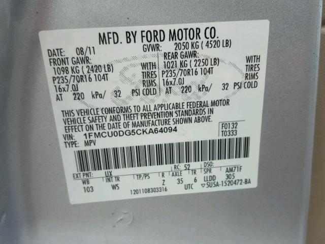 1FMCU0DG5CKA64094 - 2012 FORD ESCAPE XLT SILVER photo 10