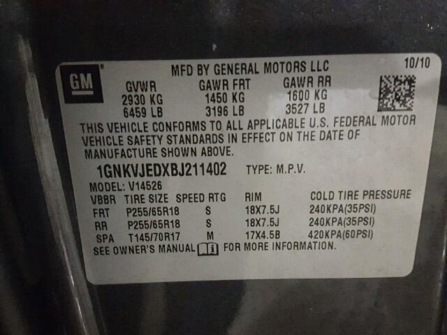 1GNKVJEDXBJ211402 - 2011 CHEVROLET TRAVERSE L GRAY photo 10