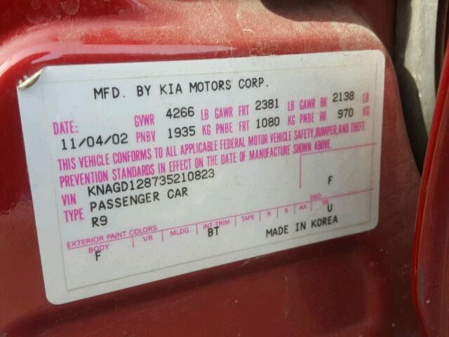 KNAGD128735210823 - 2003 KIA OPTIMA LX RED photo 10