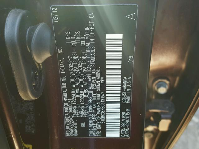 5TDBK3EH5CS131574 - 2012 TOYOTA HIGHLANDER BURGUNDY photo 10