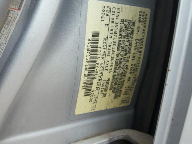 3N1BC13E18L367598 - 2008 NISSAN VERSA S SILVER photo 10