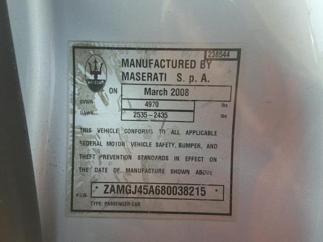 ZAMGJ45A680038215 - 2008 MASERATI GRANTURISM SILVER photo 10