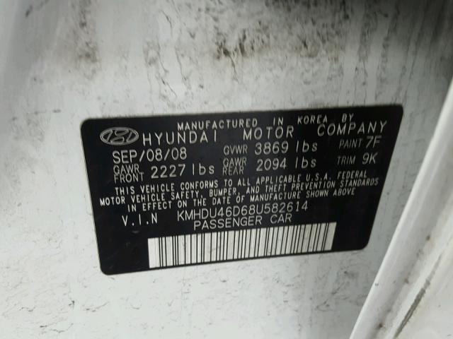 KMHDU46D68U582614 - 2008 HYUNDAI ELANTRA GL WHITE photo 10