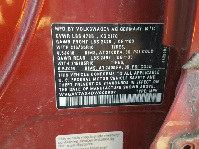 WVGAV7AX4BW000637 - 2011 VOLKSWAGEN TIGUAN S RED photo 10