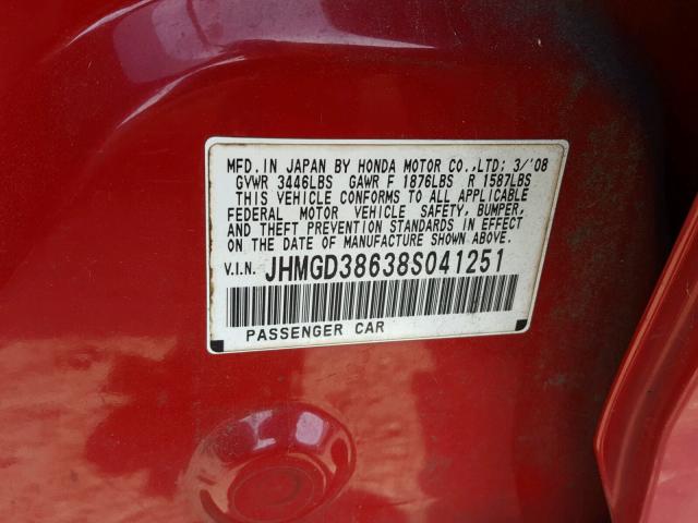 JHMGD38638S041251 - 2008 HONDA FIT SPORT RED photo 10