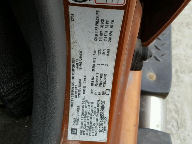 1GCDT136558200430 - 2005 CHEVROLET COLORADO ORANGE photo 10