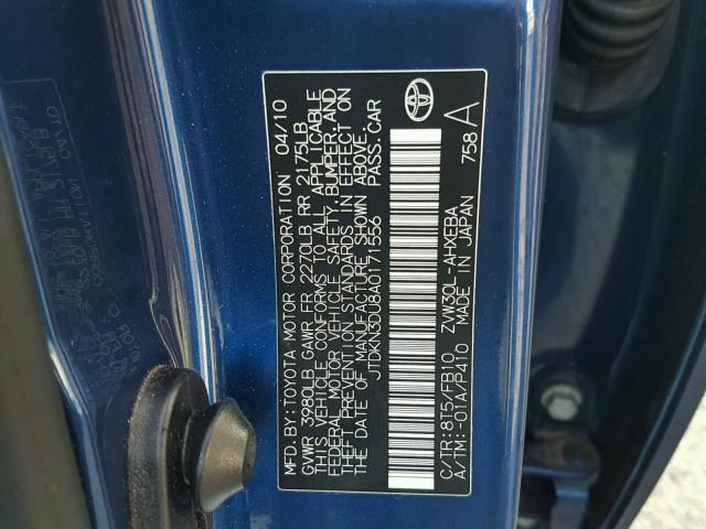 JTDKN3DU8A0171556 - 2010 TOYOTA PRIUS BLUE photo 10