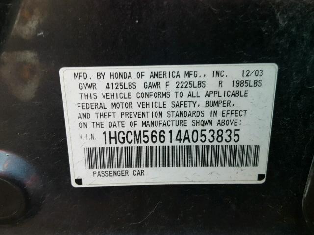 1HGCM56614A053835 - 2004 HONDA ACCORD EX SILVER photo 10