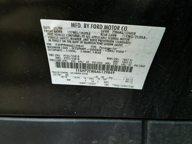 1FAHP2EW6AG129849 - 2010 FORD TAURUS SEL BLACK photo 10